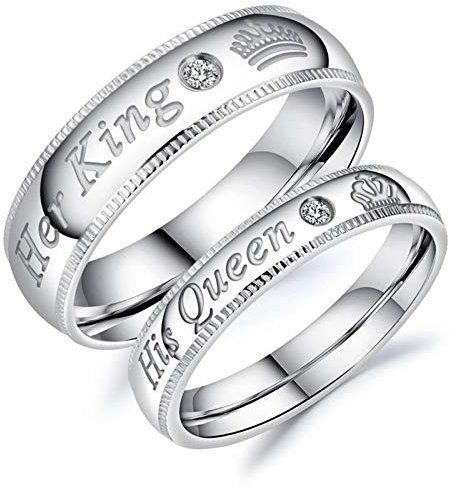 Beydodo 2 Edelstahl Ringe Paar Silber Krone Zirkonia Her King & His Queen Hochzeitsringe Verlobung Ringe für Ihn und Sie Damen Gr.52 (16.6) + Herren Gr.60 (19.1)