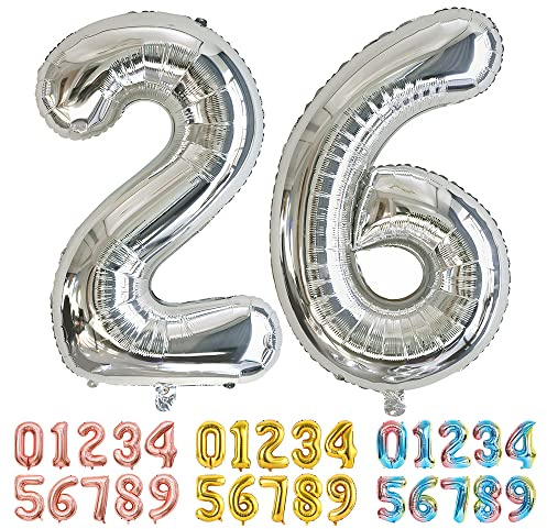 Ponmoo Luftballons Zahlen 26/62 Silber, Riesen Nummer 0 1 2 3 4 5 6 7 8 9 10-19 20-29 30-39 40 50 60 70 80 90 100, groß Folienballons für Hochzeit Jubiläum, Geburtstagsballons Party Dekoration