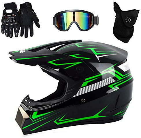 UIGJIOG Adulte Casque Cross avec Gants/Lunettes/Masque, Casque Motocross Set Casque Moto VTT Integral Velo Quad Enduro ATV Scooter pour Homme Femme,Vert,M(54~55cm)