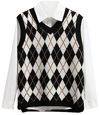 Lailezou Damen Strickpullover mit V-Ausschnitt, Argyle, kariert, adretter Stil, ärmellos, bauchfreies Strick-Tanktop, Schwarz, Klein