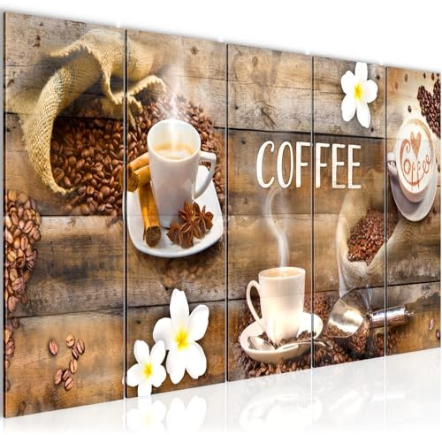 Runa Art Wandbild XXL Kaffeetasse Küche Esszimmer Küchenbilder 200 x 80 cm Braun 5 Teilig - Made in Germany - 027155a