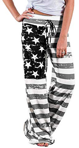 AMYTIS Damen Yogahose Stretch Freizeithose Bequeme Pyjamahose Schlafanzughose Lang Leichte Lounge Hose Hausanzug Hosen Relaxhose Fitness Sommer Weites Bein,Flagink,M