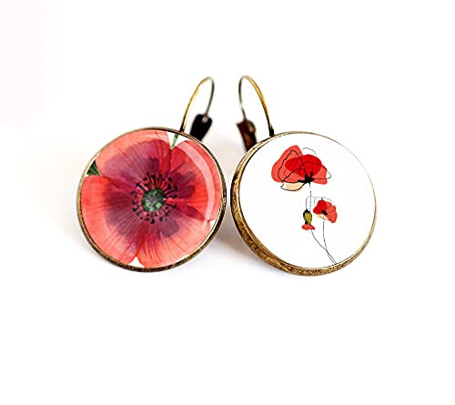 Boucles d'oreilles cabochon, Coquelicots rouge et blanc, asymétrique,