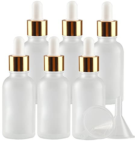 TIANZD Pack of 6, Empty 30ml Frosted Clear Glass Dropper Bottles with Glass Pipette Dropper, Small Dropper Bottles with Gold Metal Cap for Essential Oil Aromatherapy Blends Vials