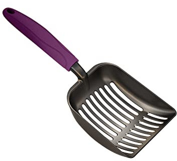 WePet Katzenstreu-Schaufel aus Aluminium – Antihaft-Sieb mit langem Stiel – Robuste Metall-Schaufel für Katzenklo, Tiefe Form,Größe M, beschichteter schwarzer Körpe mit violettem Griff
