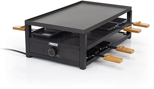 Princess 162655 Raclette en acero negro, para 8 personas y con plataforma para dejar las sartenes de raclette usadas, amplia superficie para cocinar de 44 x 25 cm, termostato ajustable, 1300 W