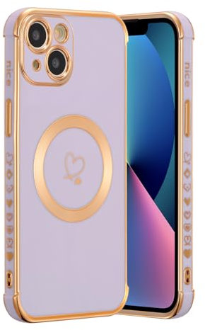 ZTOFERA Magnetic Case for iPhone 13 Compatible with MagSafe, Flexible Soft Silicone Protective Phone Case with Cute Love Heart Pattern Golden Rim Shockproof Bumper Cover, Purple