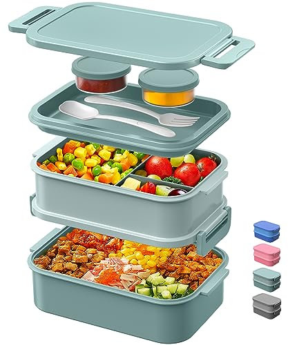 Bento Box - Contenitore portapranzo impilabile tutto in uno per adulti e bambini, stile moderno, con forchetta e cucchiaio, 2 scatole per salse, a tenuta stagna, per lavoro, scuola, picnic, cene