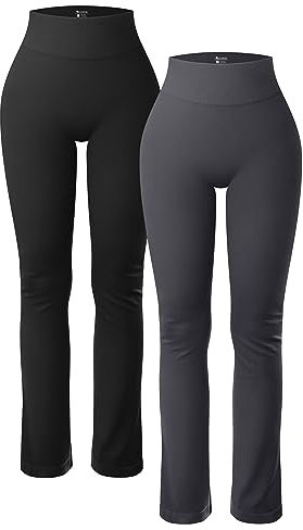 OQQ Damen 2-teilige Yoga Hose Gerippt Nahtlos Workout Hohe Taille Athletisch Gerades Hose Schwarz Dunkelgrau