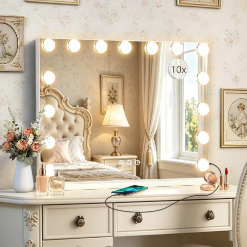 Ratsamee Hollywood Vanity Mirror with Lights, 23 x 18, 15 Dimmable Bulbs, 3 Color Lights, Make Up Lighted Mirror, USB Charging Port, Gifts for Women Wife Teengirls White