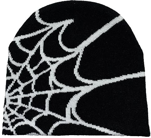 kiskick Jacquard-Mütze, Spinnennetz-Druck, gestrickt, Herbst und Winter, für Unisex, atmungsaktiv, Winddicht, perfekte Halloween-Partys, Outdoor-Aktivitäten, kaltes Wetter Schwarz-Weiss Einheitsgr