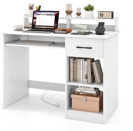 LIFEZEAL Bureau Ordinateur avec Etagères Ouvertes, Tiroir, Station de Recharge Intégrée, Table PC avec Plateau pour Clavier, Etagère Réglable à 5 Positions, 105x55x89 cm (Blanc)