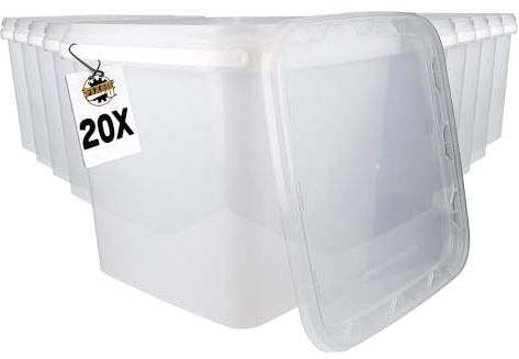 FixedByU 20 Eimer mit Deckel 9l Transparent Eckig | Kunststoff Eimer Lebensmittelecht, luftdicht und stabil | Leer Eimer mit Griff und Deckel für Lebensmittel Chemie Waschpulver Klebstoffe geeignet