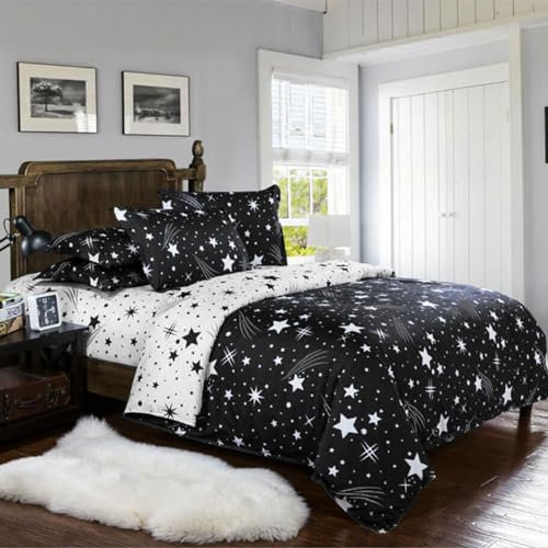 Boqingzhu Bettwäsche Sterne 135x200cm Schwarz Weiß Kinder Jungen Mädchen Microfaser Wende Kinderbettwäsche Set und Kissenbezug 80x80cm mit Reißverschluss