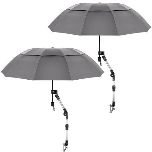 Clysee 2 Stück großer Doppeldach Strandschirm mit verstellbarer Klemme, umgekehrt, Golf, tragbar, kompakt, Sonnenschirm für Stuhl, Kinderwagen, Golfwagen, Terrasse, Angeln (134 cm, Grau)