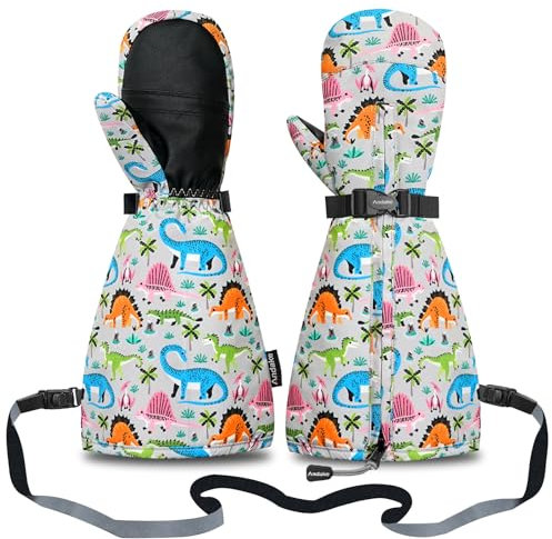 Andake Kinderhandschuhe,Warme Winterhandschuhe Wasserdicht Winddicht Kinder Fäustling Handschuhe mit reißverschluss für Jungen und Mädchen(Dinosaurier/2-4 Jahre