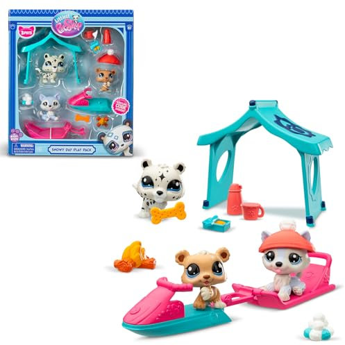 BANDAI Littlest Pet Shop - Pack Set Schneetag 3 Tiere und Zubehör - Pet Shop LPS Husky, Bär, Leopard - Spielzeugset mit niedlichen Mini-Tierfiguren - Spielzeug für Kinder ab 4 Jahren - BF00534