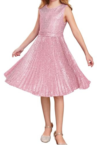 Mädchen Partykleid A-Linie Pailletten Kleid Midi Sommerkleid Festlich Swing Kleid 7-8 Jahre/Rosa -6