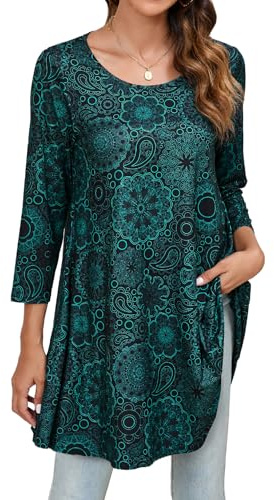 Enmain Womens Tunic Tops 3/4 Long Sleeve Ladies Tunics Loose Casual Tunic Top for Leggings Round Neck Paisley Blouses Shirt Turquoise L