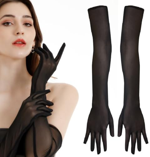 HQRKOTM Schwarze Langarme Damen Tüllhandschuhe für Hochzeit, Opera, Party & Mottopartys, Nylon für Bühnenshow, Halloween, Fasching, 21.6inch (Schwarz)