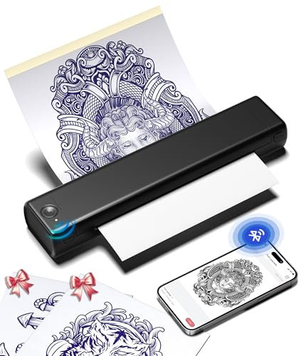 Phomemo M08F Tattoo Drucker, Tattoo Stencil Drucker Schablonendrucker mit 10pcs A4 Transferpapier, Thermodrucker Tattoo Kompatibel mit Phone Tablet PC für Tattoo Künstler und Anfänger, Schwarz