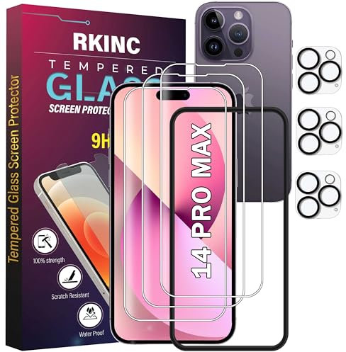 RKINC Panzerglas Schutz Glas für iPhone 14 Pro Max 6.7-Inch mit Rahmen-Installationshilfe und Kamera Schutzfolie, 3+3 Stück, Panzer Displayschutzfolie, Anti- Kratzer, Bläschenfrei, 9H Härte, HD-Klar