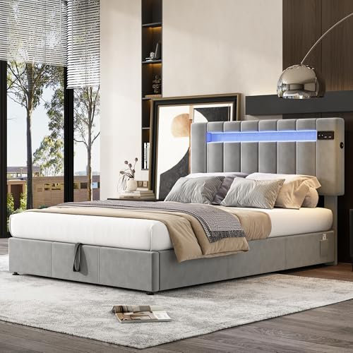 BTM Uphostered Double Bed, Double Bed with Storage, Bluetooth Stereo & USB Port & Small Pockets, 7-Color and 12-Dynamic Mode LED Bed, Grey Velvet Bed, 4FT6-135x190cm