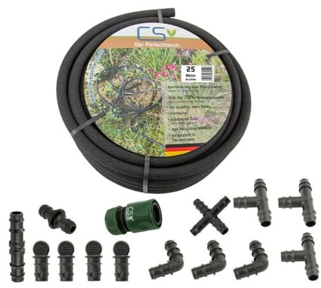 CS Perlschlauch 25 m drucklos inkl. Starterset – eco Tropfschlauch für Regentonne & Regenwasser – nachhaltiger, wassersparender Bewässerungsschlauch für Garten, Beet & Hecke