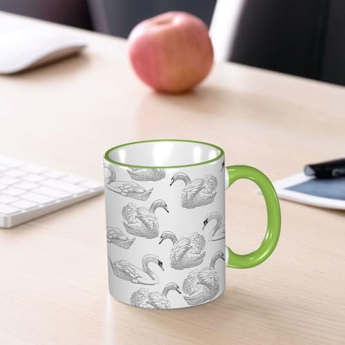 YOIUE Tasse aus Keramik - Große 11oz Tassen 330ml Kaffeetassen mit Henkel, 100% Handbemalt - Trinkgläser mit Griff - Weiß,Viele Schwäne skizzieren Portrait weißen Hintergrund