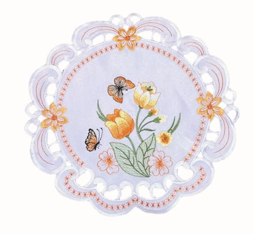 Orange Tulpen und Schmetterlinge Tischläufer Tischdecke Mitteldecke Deckchen gestickt (ca. 30 rund)