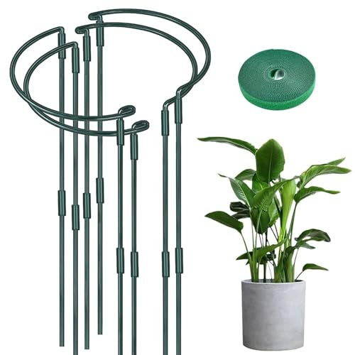 POTWPOT 4 Pack 25×60cm Plant Support Stakes, Adjustable Metal Garden Plant Stakes Half Round Plant Support Ring Cage for Peonies Monstera Roses Hydrangeas Vegetables Tomatoes Flower Outdoor Plants