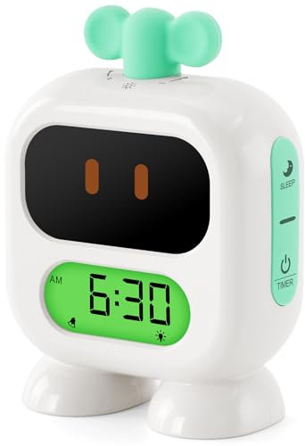 Despertador infantil educativo día noche, robot despertador infantil, entrenador de sueño para niños con temporizador para niñas y niños (verde)