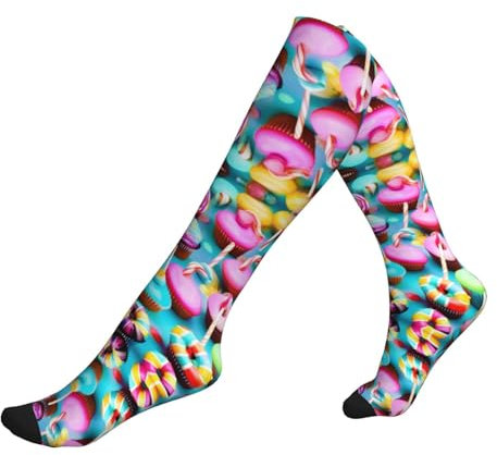 Colorful Sweet Lollipop Cupcake Donut Print Sport Compression Socks,Womens Running Socks,Football Socks,Thigh High Socks