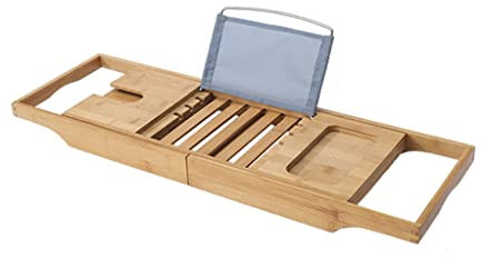 GAROEN Ausziehbares Badewannentablett, Badewannentablett, Spa-Badewannen-Caddy, Organizer, Buch-, Wein-, Tablet-Halter, Leseregal, Badezimmer-Zubehör