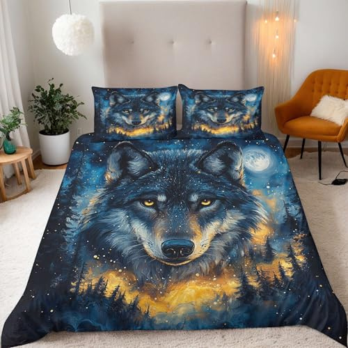 Bettwäsche 135x200 cm 3D Sternenhimmel Tier Wolf Druck Kinder Bettwäsche-Sets 3teilig Mikrofaser Bedding Bettbezug 135x200 Weich Bettbezüge + 2 Kissenbezüge 80x80 Mit Reißverschluss Eckbinder