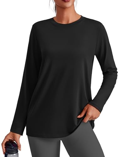 PINSPARK Womens Long Sleeve Tops Gym Shirts Sports T-Shirt UPF 50+ Workout Yoga Running Top Quick Dry Fitness Shirt Activewear Black L