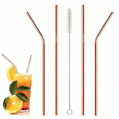 Eastrise 4-Pack 304 Stainless Steel Reusable Straws with Cleaning Brush - Bent/Straight Eco-Friendly Metal Drinking Straws for Smoothies, Bubble Tea, Cocktails (Rose Gold/5 Pcs)