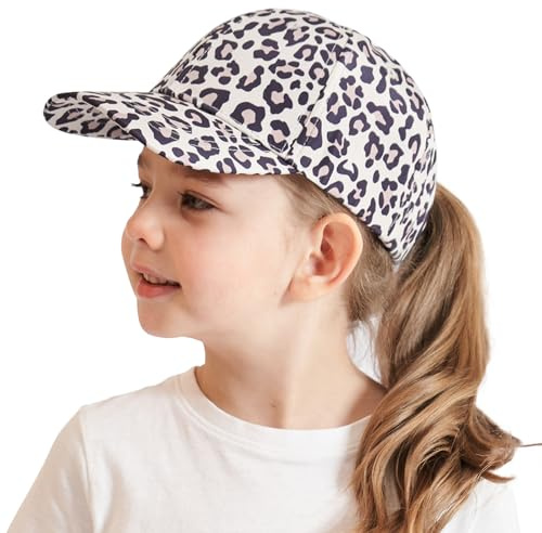 ZXTGBQ Cap Kinder Mädchen 3-8 Jahre, Baseballkappe Leopard, Kinder Pferdeschwanz Baseballkappe, UV-Schutz Schirmmütze Sommermütze Junior Sommerhut Tennis Kappe Sonnenhut Visier UPF 50+