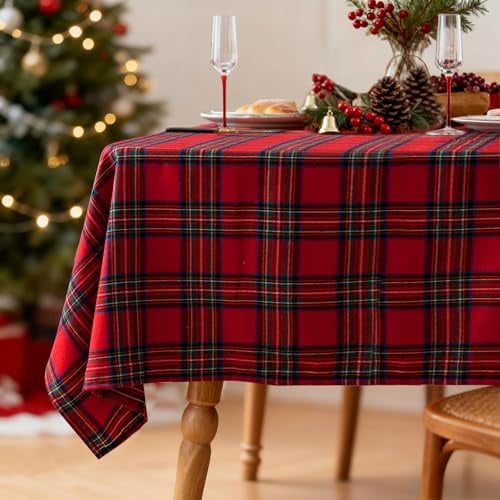 Tischdecke Weihnachten 140x260cm, Karierte Weihnachtstischdecke Abwaschbar, Rechteckig Weihnachts Tischdecke für Party Tischdeko Küche Hochzeit Weihnachtsdeko (Rot)