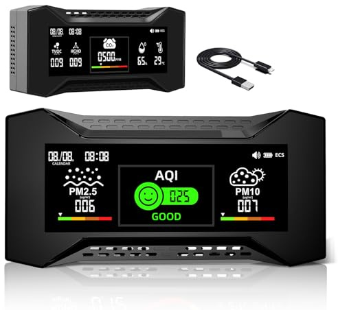 CF-20 10-in-1 luftqualität messgerät ist EIN hochpräzises Messgerät CO2, PM2,5, PM10, HCHO, TVOC mit 6 visuellen AQI-Indikatoren, einem zweiseitigen Display und einem wiederaufladbaren