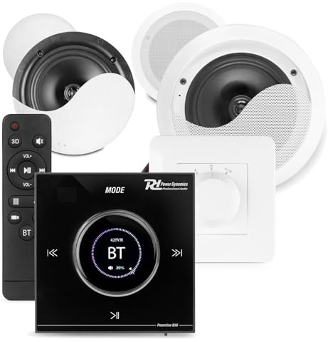 Powerline B50B 2-zone ceiling speaker system with Bluetooth wall amplifier, bedroom & bathroom audio, 2x bedroom ceiling speakers, 2x moisture-resistant ceiling speakers, in-wall amp, remote control