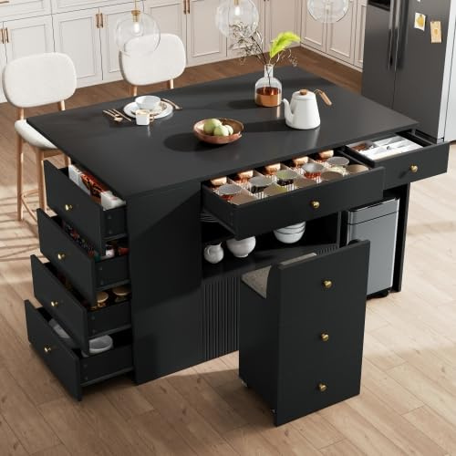 Merax Adjustable Kitchen Island with Bar Stools – Modern Kitchen Sideboard & Cabinet with 6 Drawers, 140-70 cm, Storage Solution with Mobile Stools, Black/White