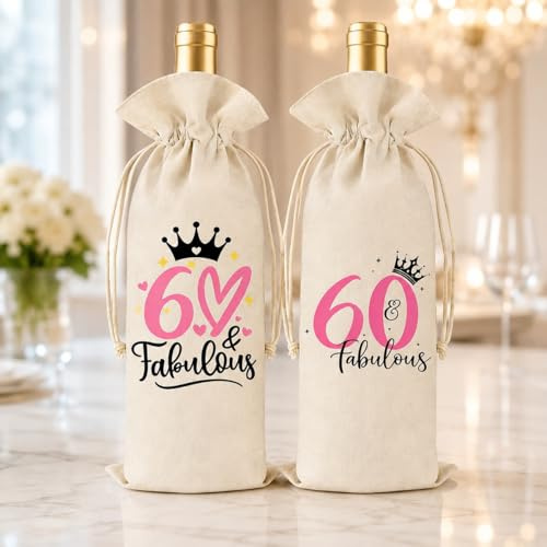 RUHSNJK 60th Birthday Gifts for Women, Elegant Wine Gift Bag. Unusual Present Holder for Ladies Milestone Celebration, Premium Bottle Bags for Her Special Party Favour