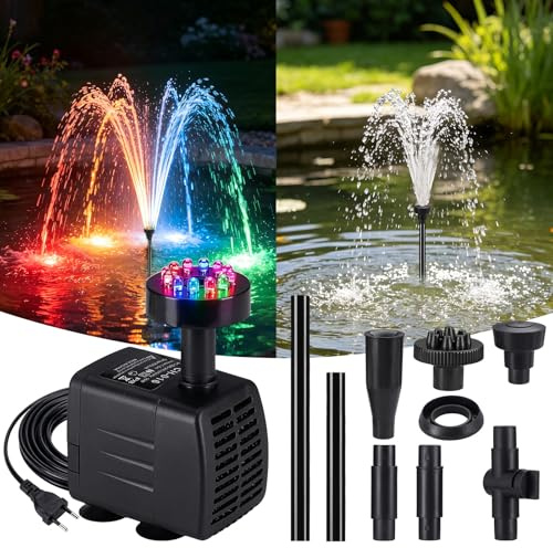 Pompe Fontaine Aquarium LED RGB 800L/H Ultra Silencieuse, Pompe Submersible 16W avec 3 Buses et Éclairage Multicolore, Débit Réglable pour Aquarium, Bassin, Fontaine, Étang