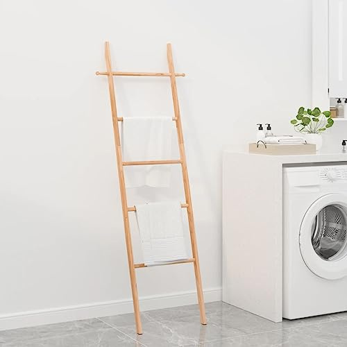 LoogCape Scaletta per asciugamani da 170 cm, in legno massiccio di noce, pieghevole e regolabile in altezza, per bagno, camera da letto e casa, stabile scala multiuso con 4 pioli, salvaspazio e