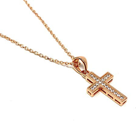 Delicat Plaqué or Rose Petit Croix avec Zircone sur 41cm Chaîne Collier