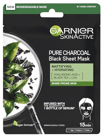 Garnier Pure Charcoal And Black Tea Sheet Mask, Purifying And Hydrating Face Mask With Hyaluronic Acid, LHA & Black Tea Extract, Mattifies Shine Prone Skin, Biodegradable & Vegan Tissue 28g