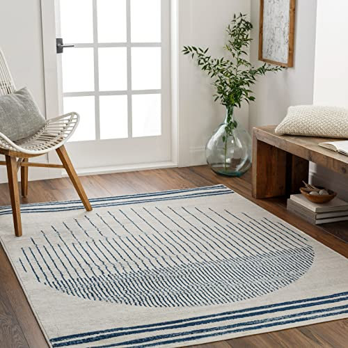 Livabliss Nairobi Teppich Wohnzimmer Boho, großer Teppich Schlafzimmer 160x216 cm - Teppiche für Esszimmer mit geometrischem Muster, Skandinavischer Wohnzimmerteppich modern in Elfenbein und Blau