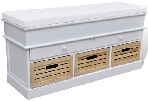 yorten Truhenbank Schubladenschrank Sitzbank mit 2 Schubladen und 3 Kisten aus Paulownia Holz Weiß 100 x 35 x 50 cm