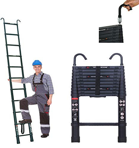 Black 10.5FT/3.2M Telescopic Aluminium Ladder Detachable Hook 11 Steps Extendable Retractable Multi-Purpose Straight Outdoor Indoor Use Tool